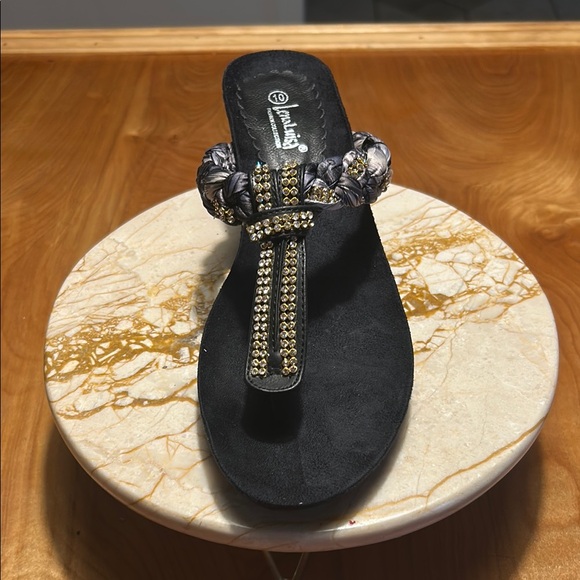 Lena Luisa Shoes - Black and Gold Sandals By Lena Luisa